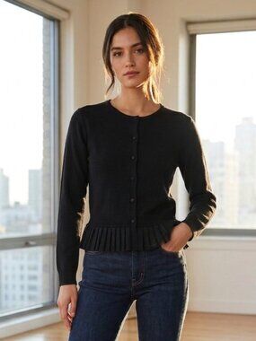 TWINSET black knit cardigan button down wool ruffle tulle office quiet luxury XS